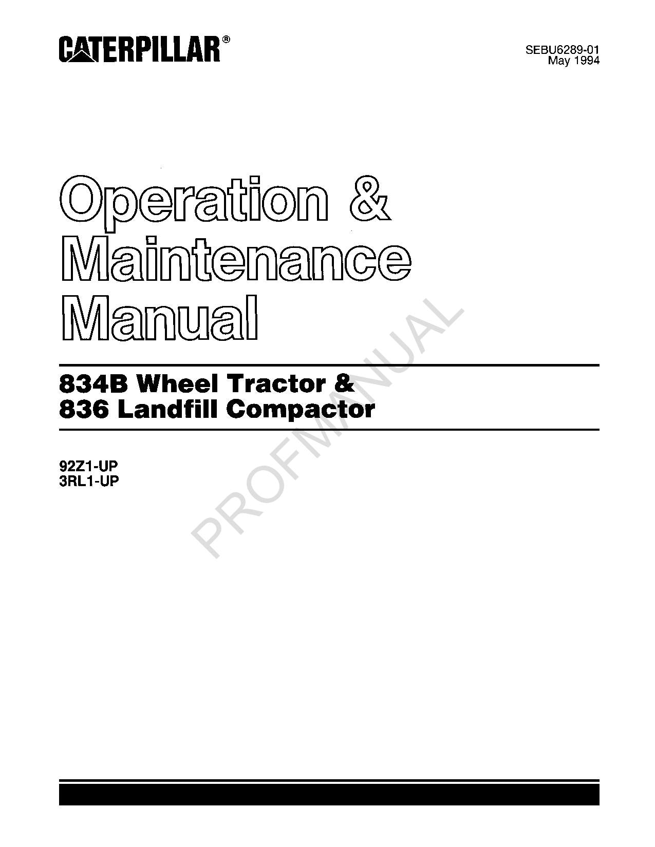 Manual del operador del tractor de ruedas Caterpillar 834B y del compactador de vertederos 836 3RL1 92Z1