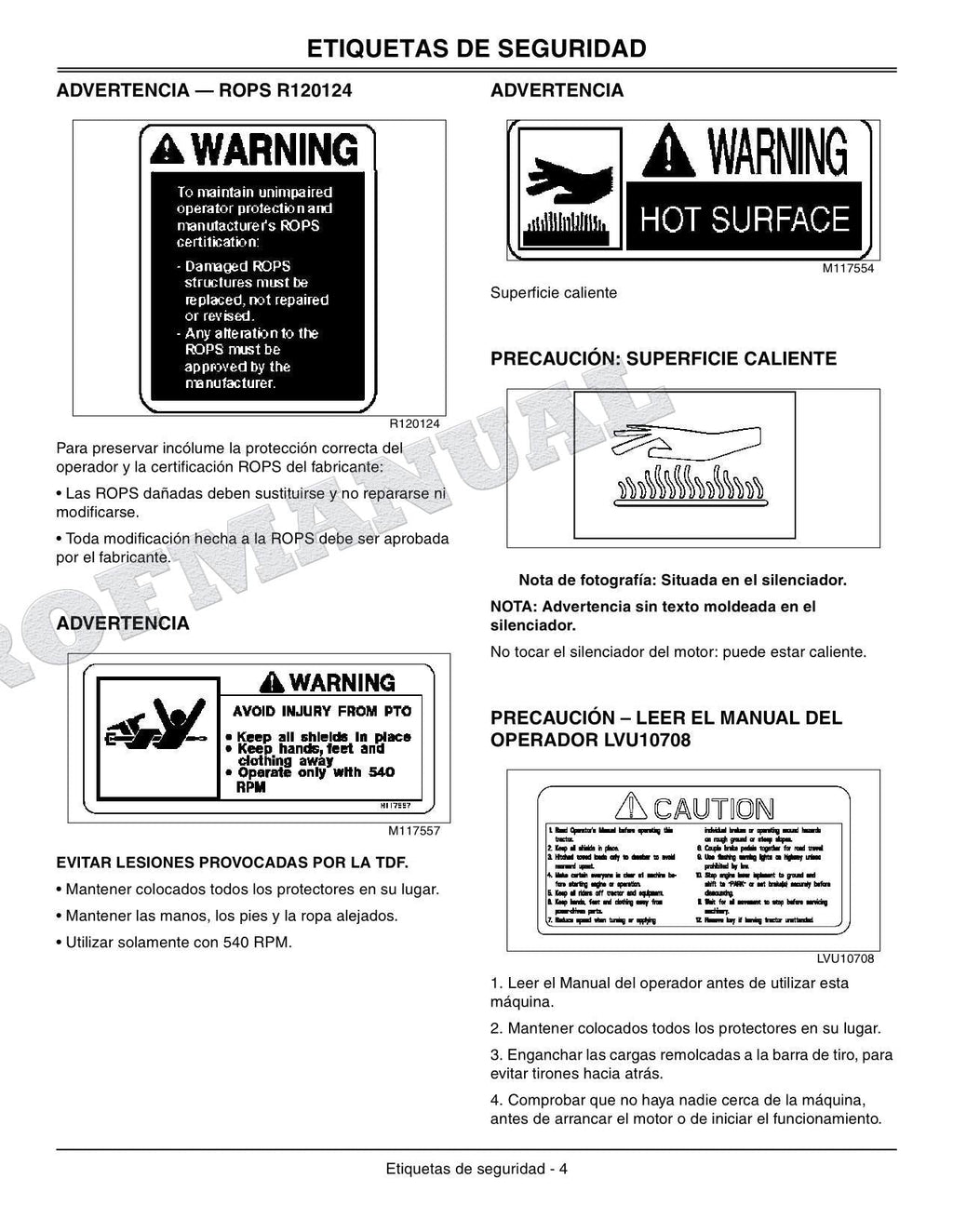 John Deere SN 4520 650001-810000 4720 670001-810000 Tractor Manual del Operador