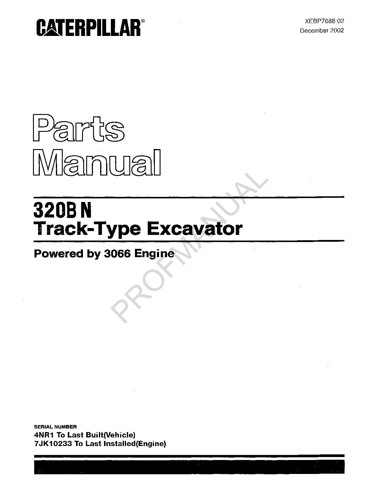 Caterpillar Cat 320B N Track Type Excavator Parts Catalog Manual