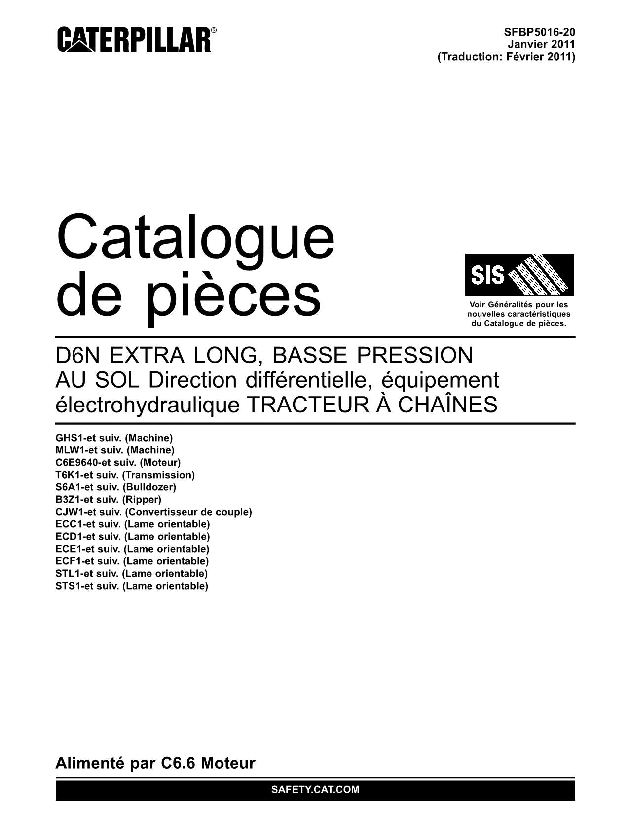 Caterpillar D6N XL LGP Tracteur Manuel de catalogue de pièces SFBP5016
