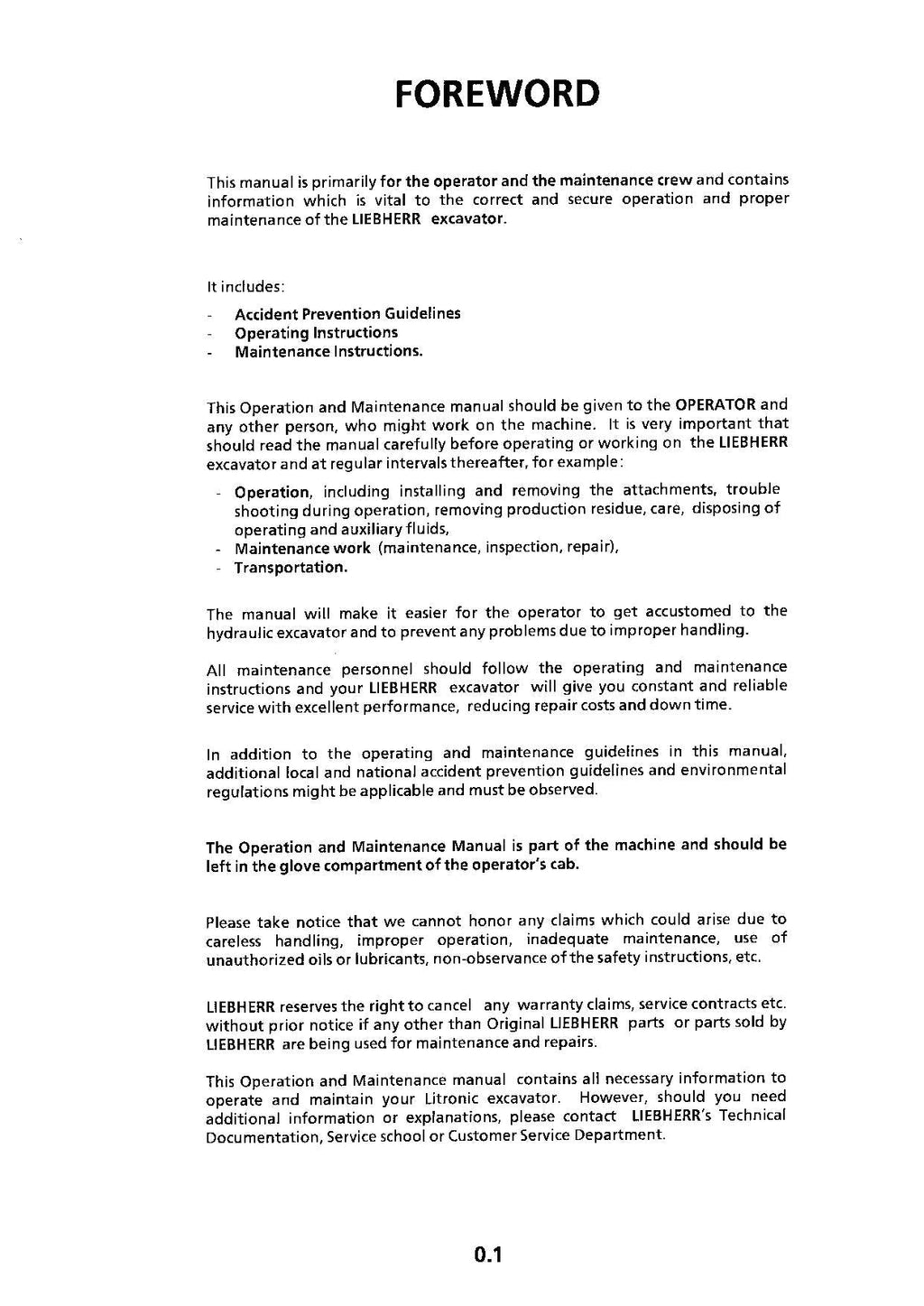 Liebherr A912 Litronic Excavator Operators manual serial 5001