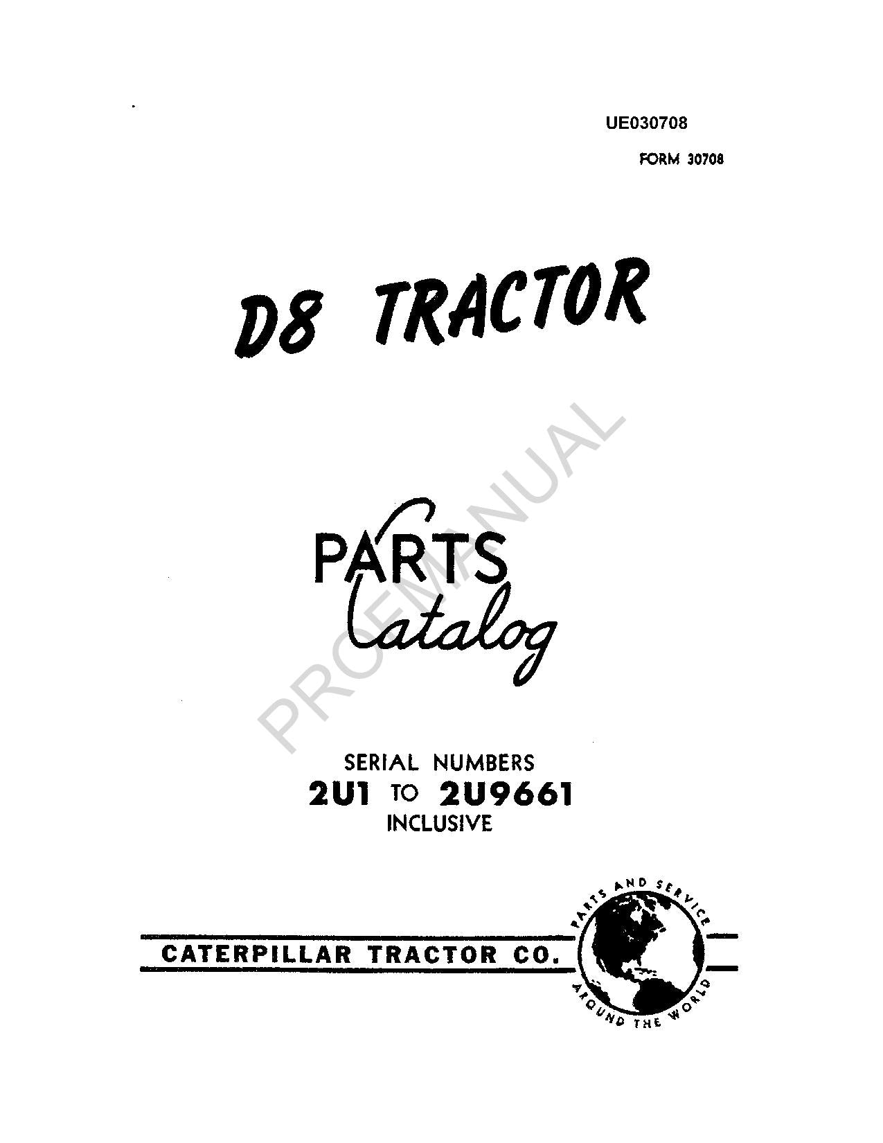 Caterpillar Cat D8 Tractor Parts Catalog Manual ser 2U1-2U9661