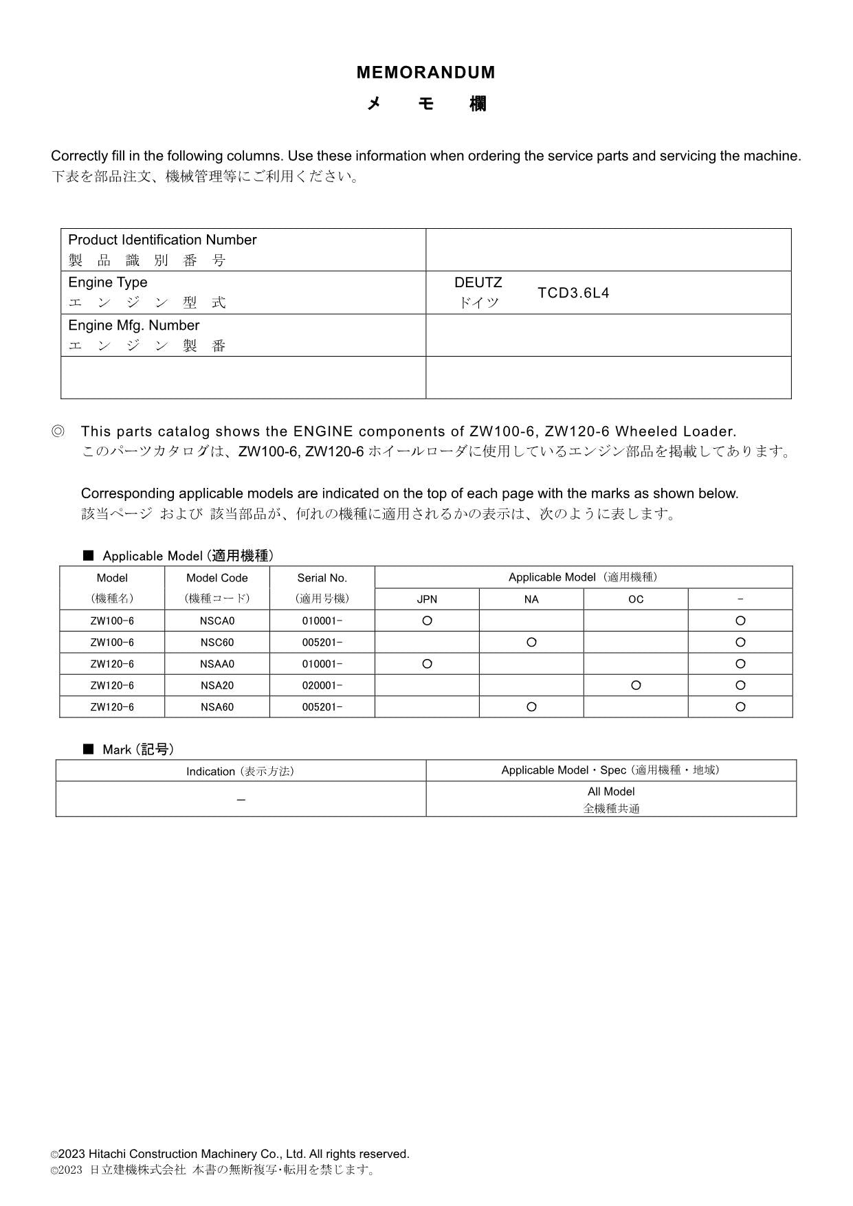 Hitachi ZW100-6 ZW120-6 DEUTZ TCD3.6L4 Engine Wheel Loader Parts Catalog Manual