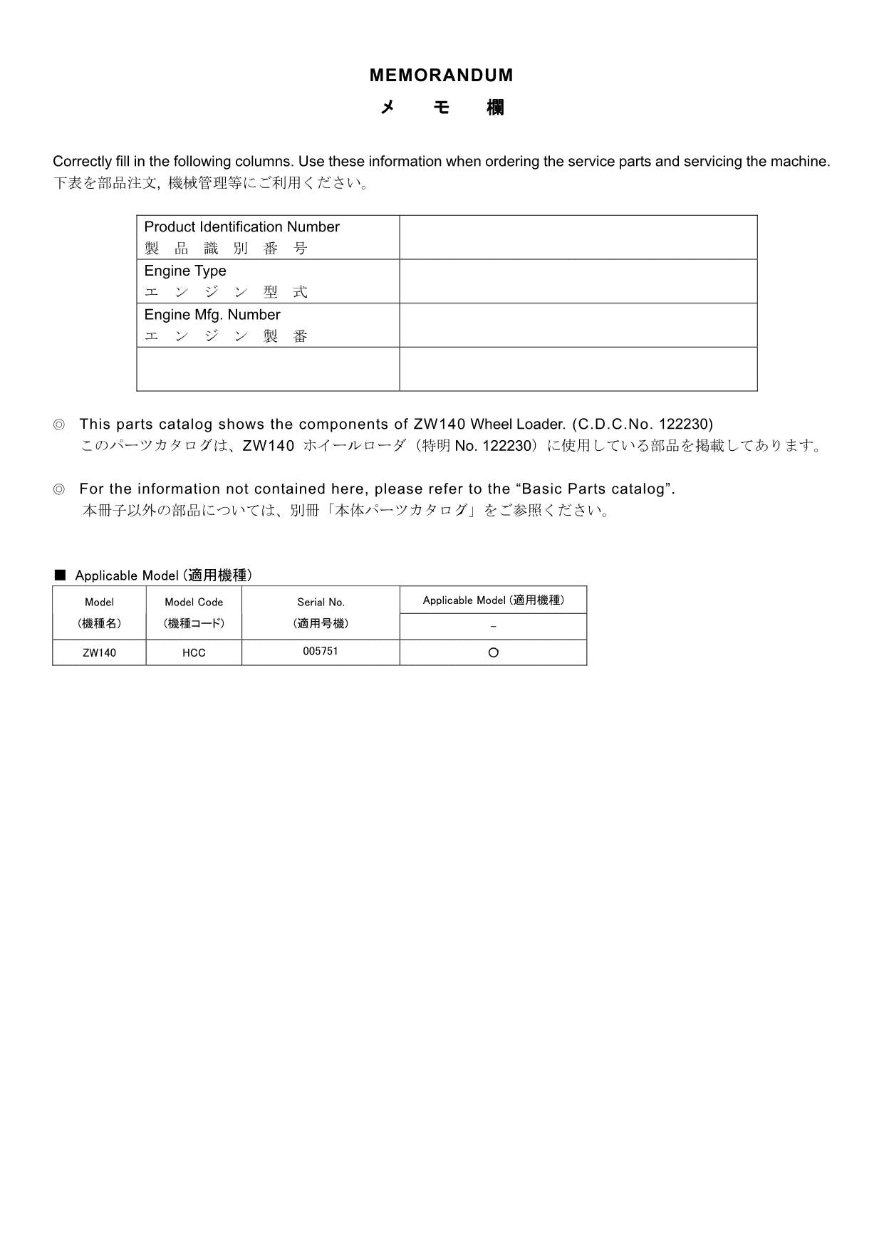 Hitachi ZW140 No.122230 Wheel Loader Parts Catalog Manual SN 005751