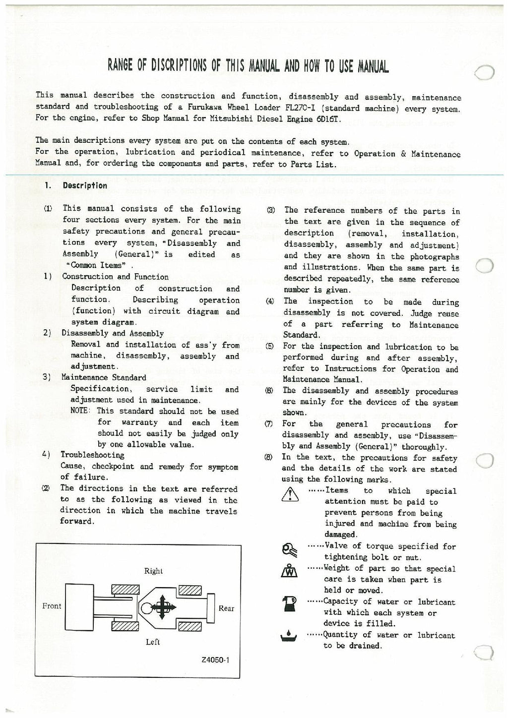 Hitachi FL270-1 Wheel Loader Workshop Manual