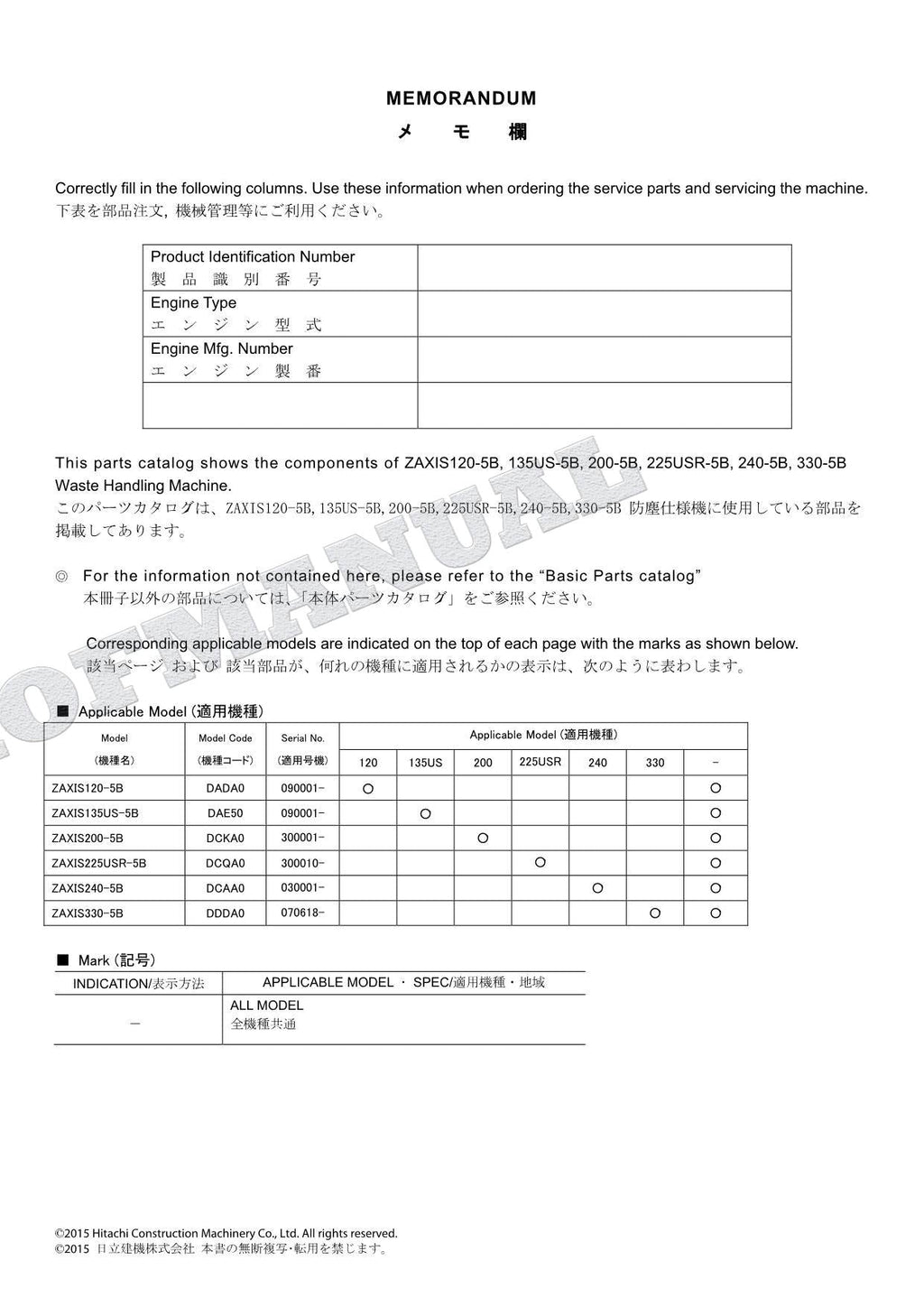 Catálogo de piezas de excavadoras de manejo de residuos HITACHI ZX225USR-5B ZX240-5B ZX330-5B Manual