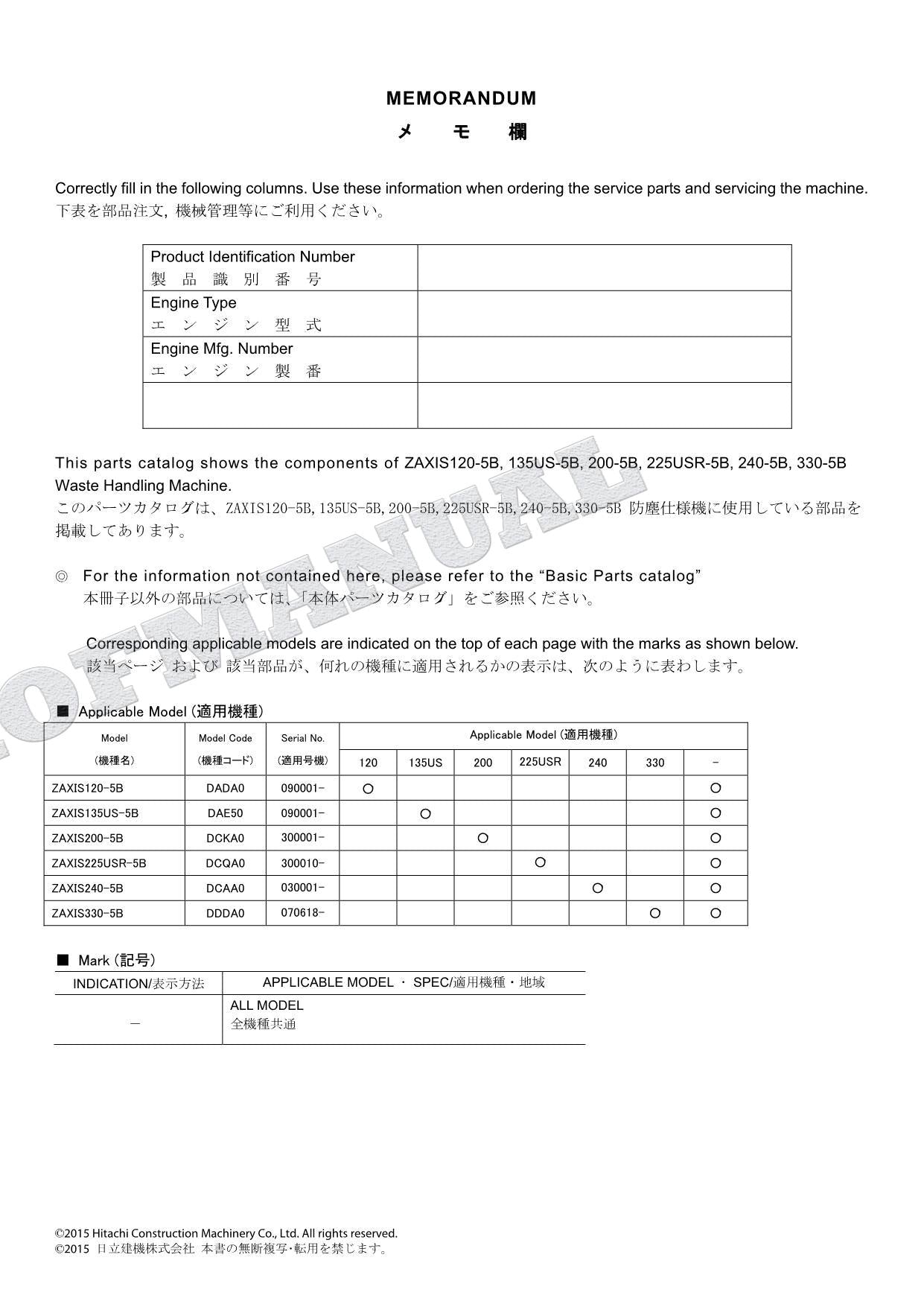 Catálogo de piezas de excavadoras de manejo de residuos HITACHI ZX225USR-5B ZX240-5B ZX330-5B Manual