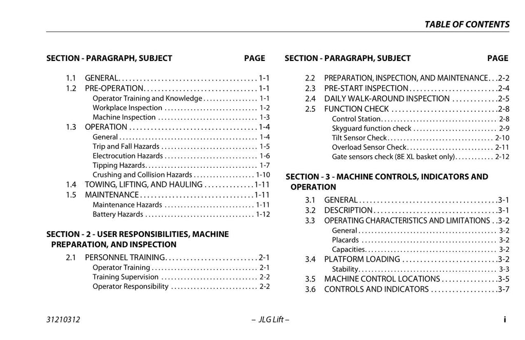 TOUCAN 10E 20E 26E 8E Vertical Lift Maintenance Operators Manual 31210312
