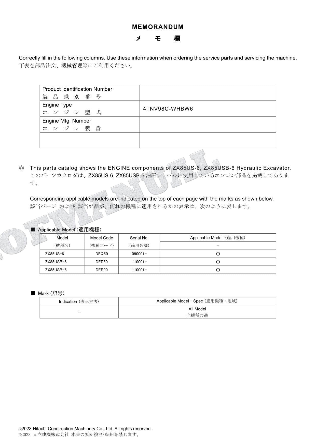 HITACHI ZAXIS ZX85US-6 ZX85USB-6 Engine Parts Catalog Manual