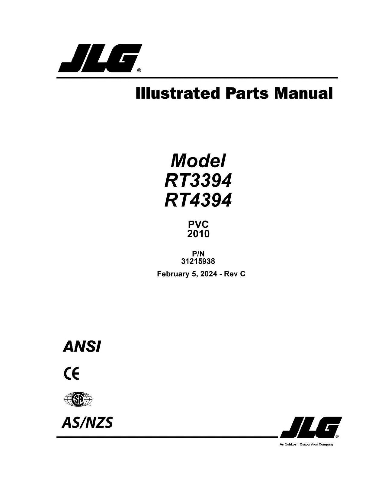 JLG RT3394 RT4394  Scissor Lift Parts Catalog Manual