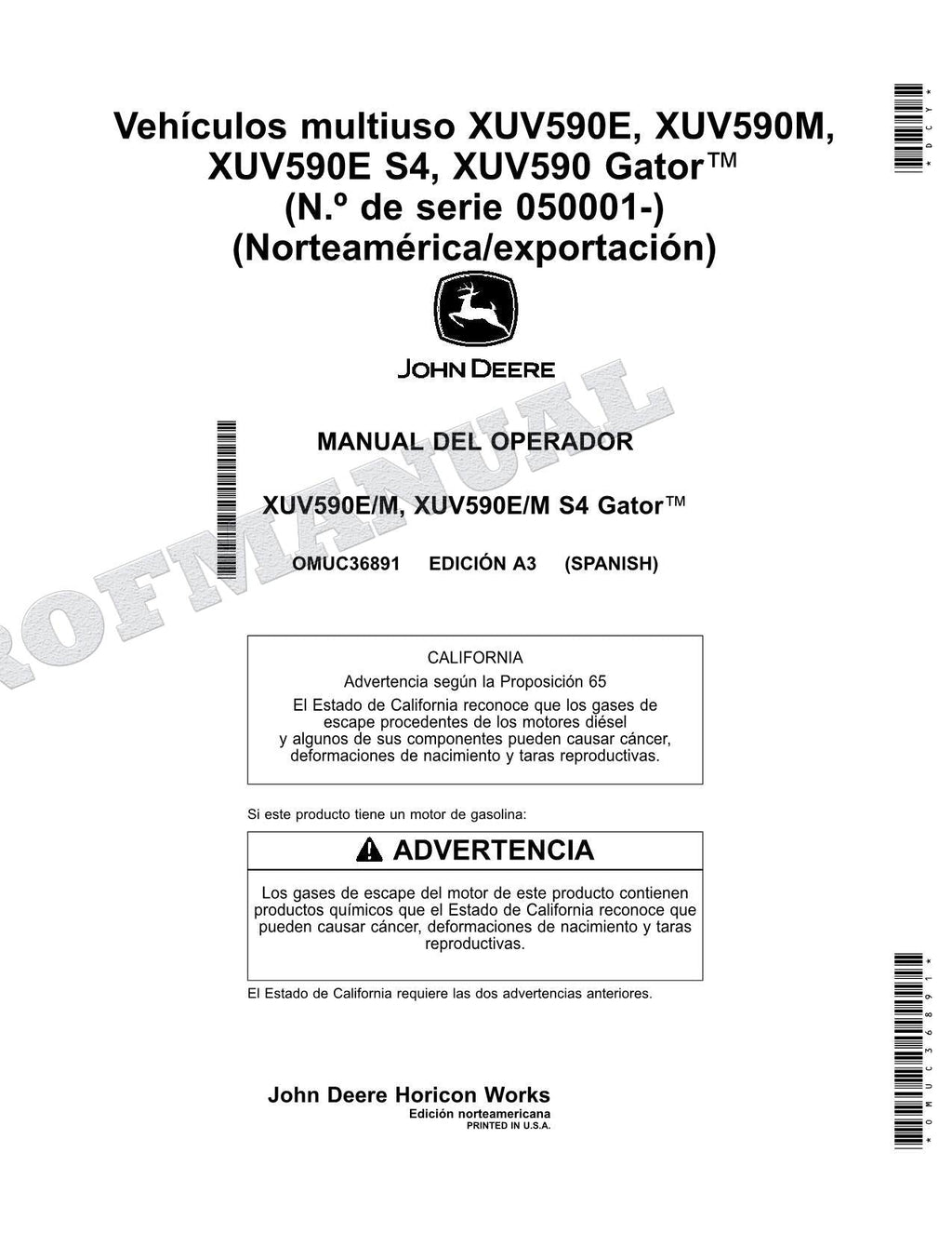 John Deere XUV 590M S4 XUV 590E S4 cocodrilo Manual del operador SN 050001-