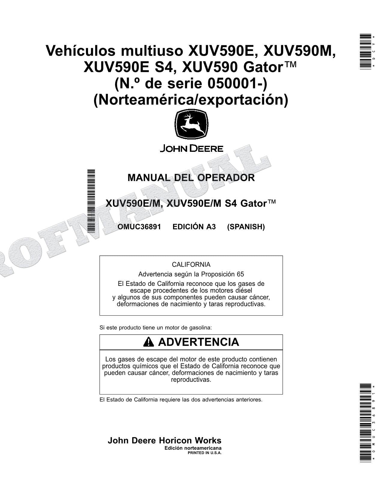 John Deere XUV 590M S4 XUV 590E S4 cocodrilo Manual del operador SN 050001-