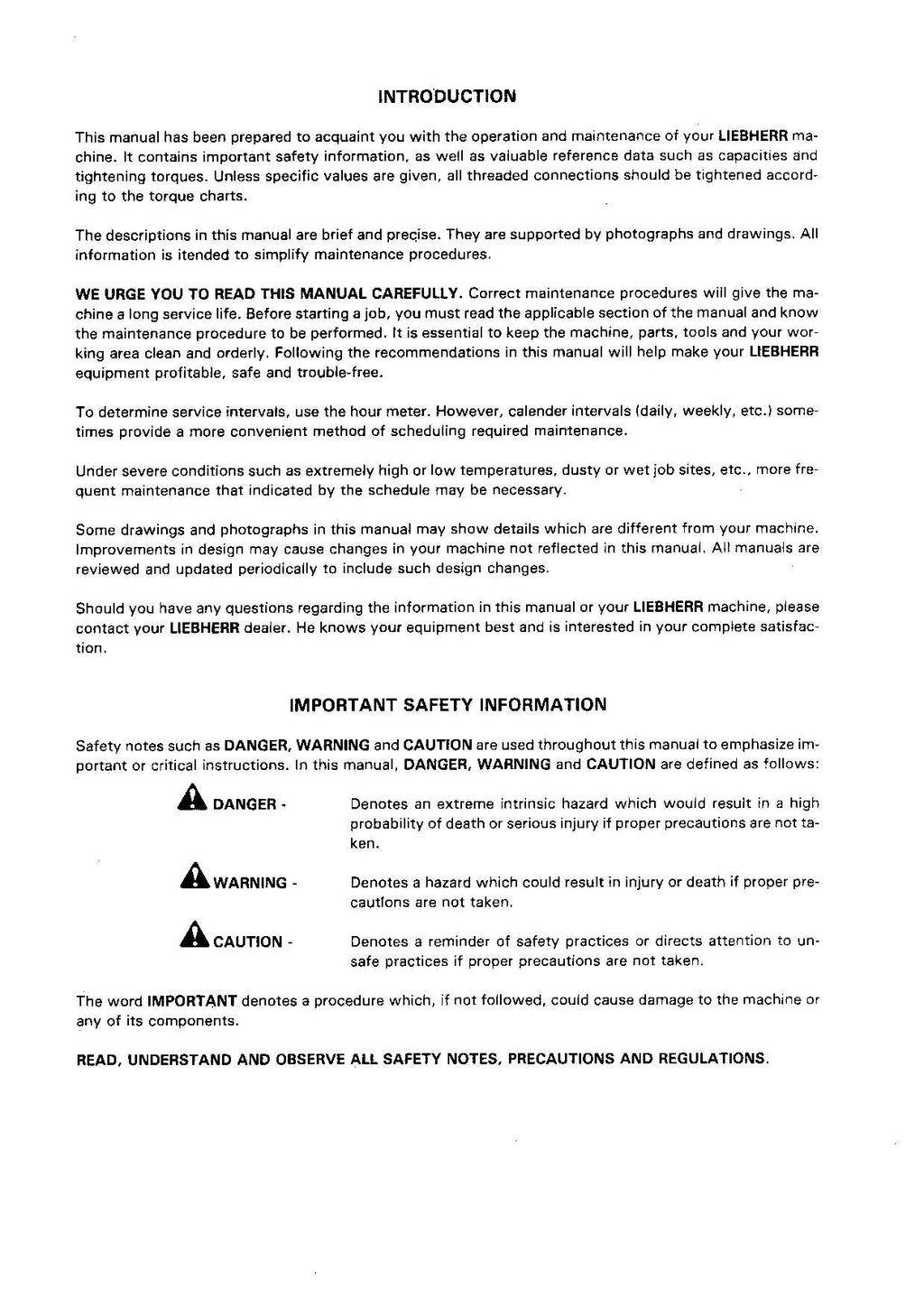 Liebherr A912 Excavator Operators manual