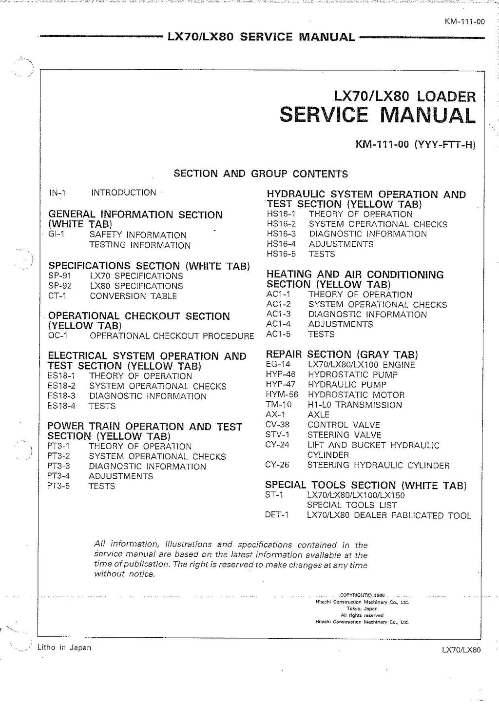 Hitachi LX70 LX80 Wheel Loader Service Manual