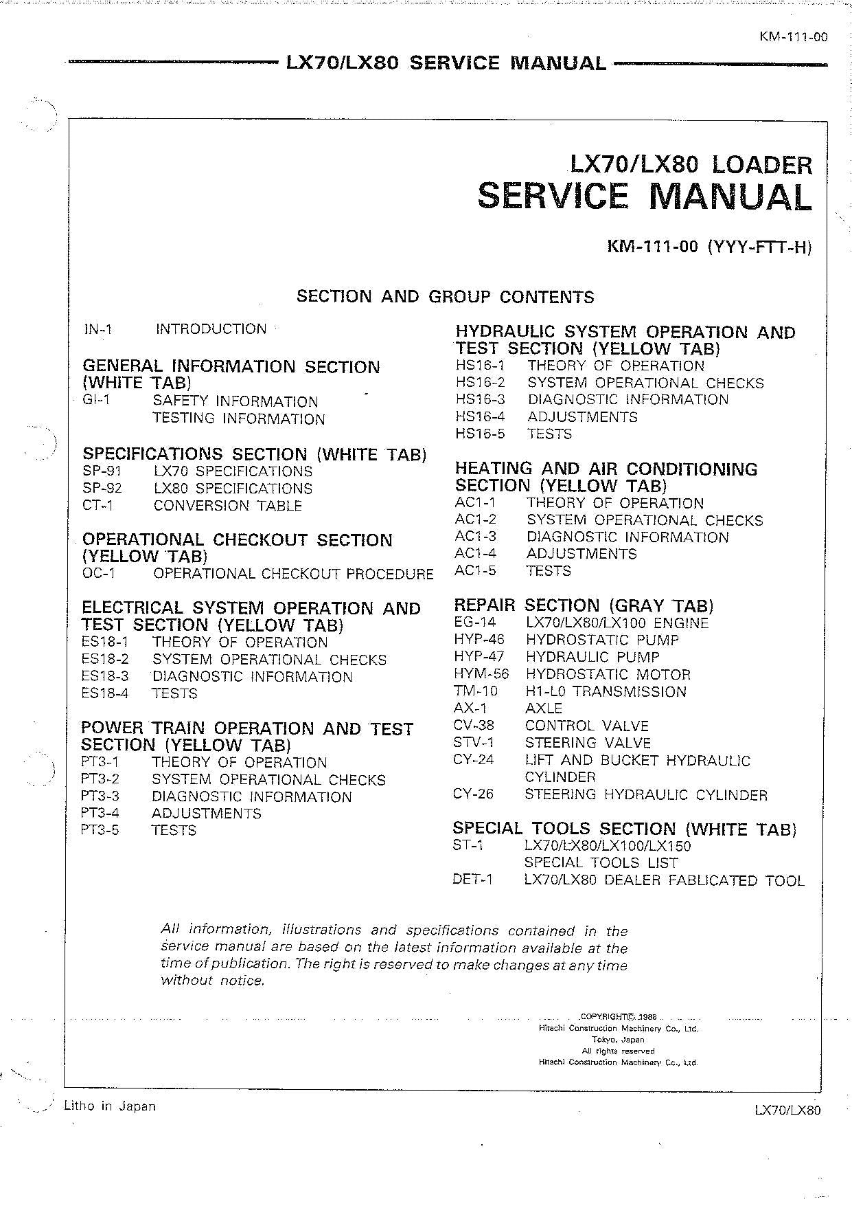 Hitachi LX70 LX80 Wheel Loader Service Manual