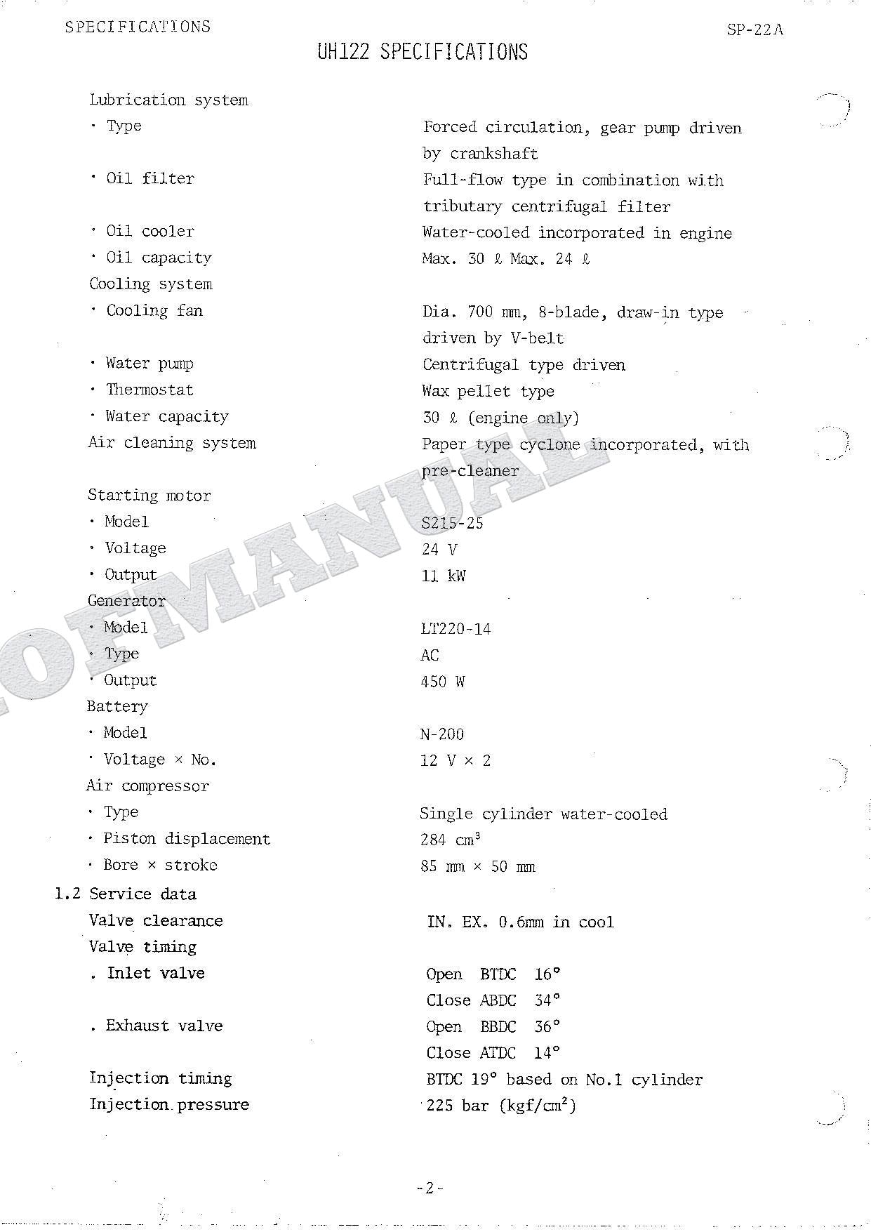 HITACHI UH122 Excavator Repair Service manual Specification