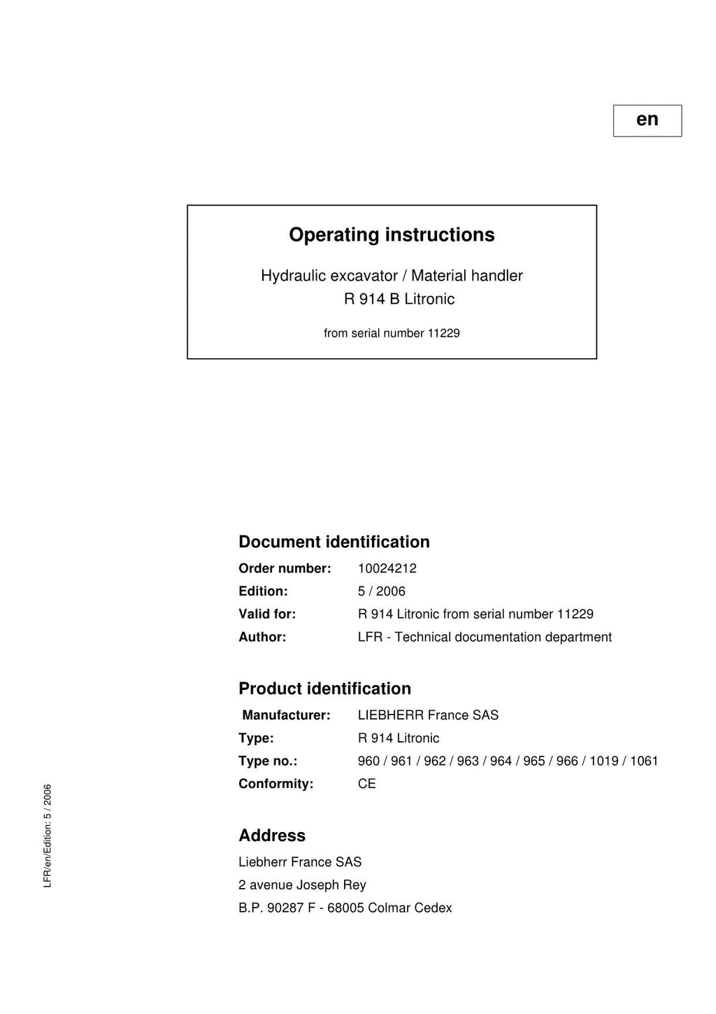 Liebherr R914 B Litronic Excavator Operators manual