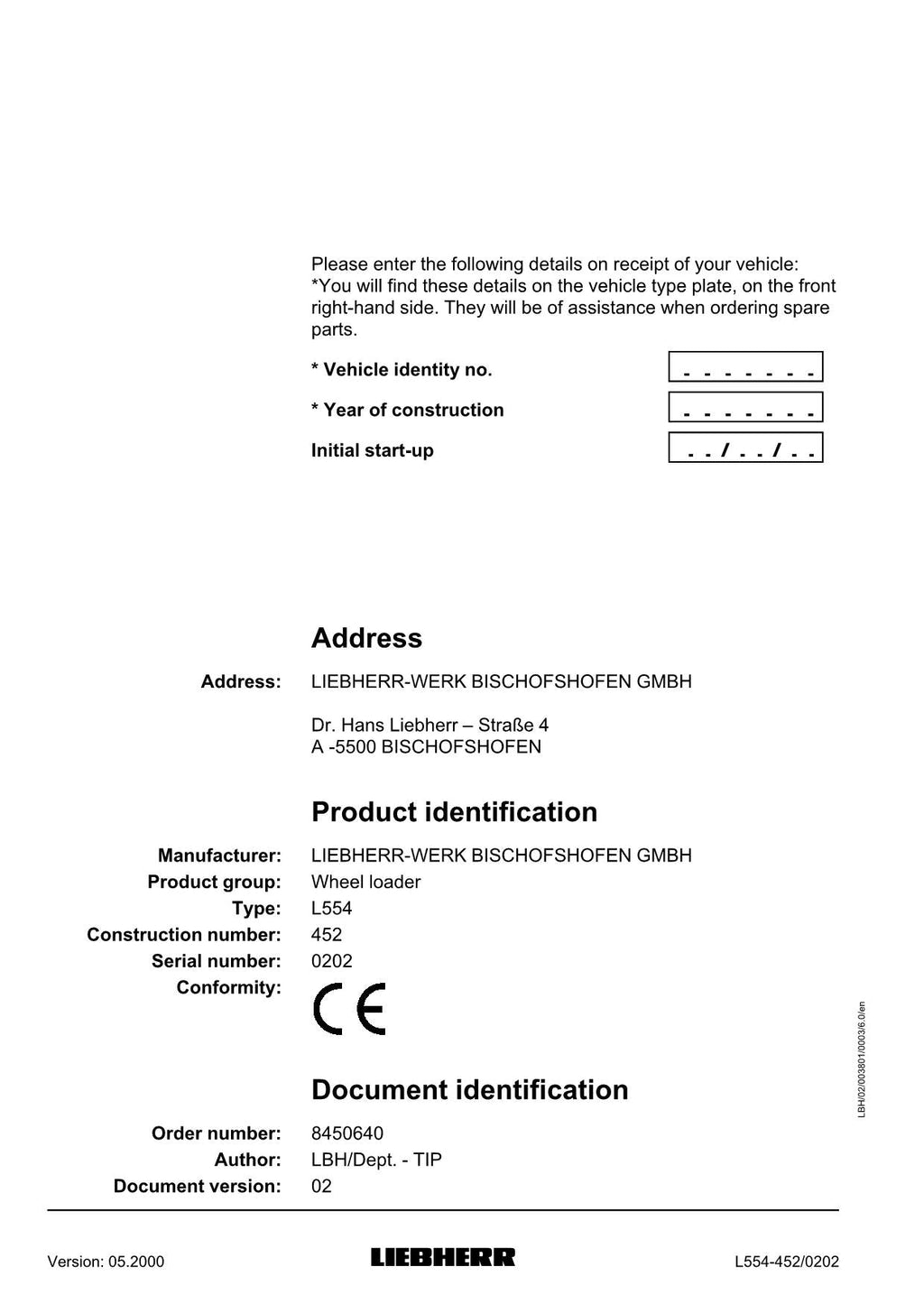 Liebherr L554 Wheel Loader Operators manual serial 0202
