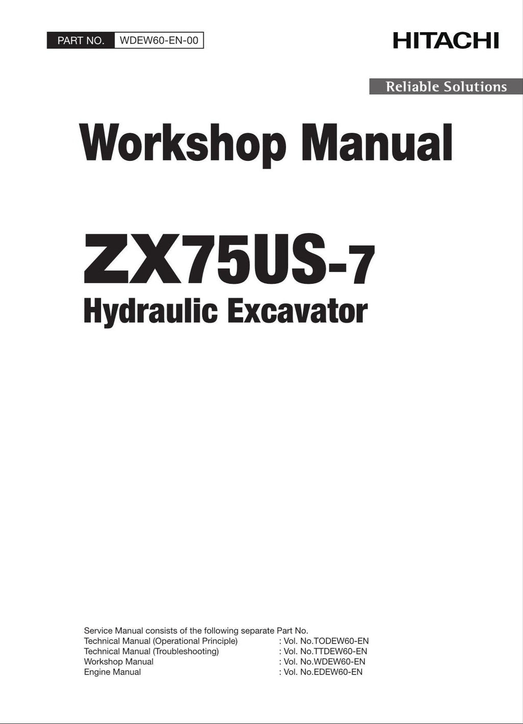 HITACHI ZAXIS ZX75US-7 Excavator Workshop Service Manual WDEW60-EN-00