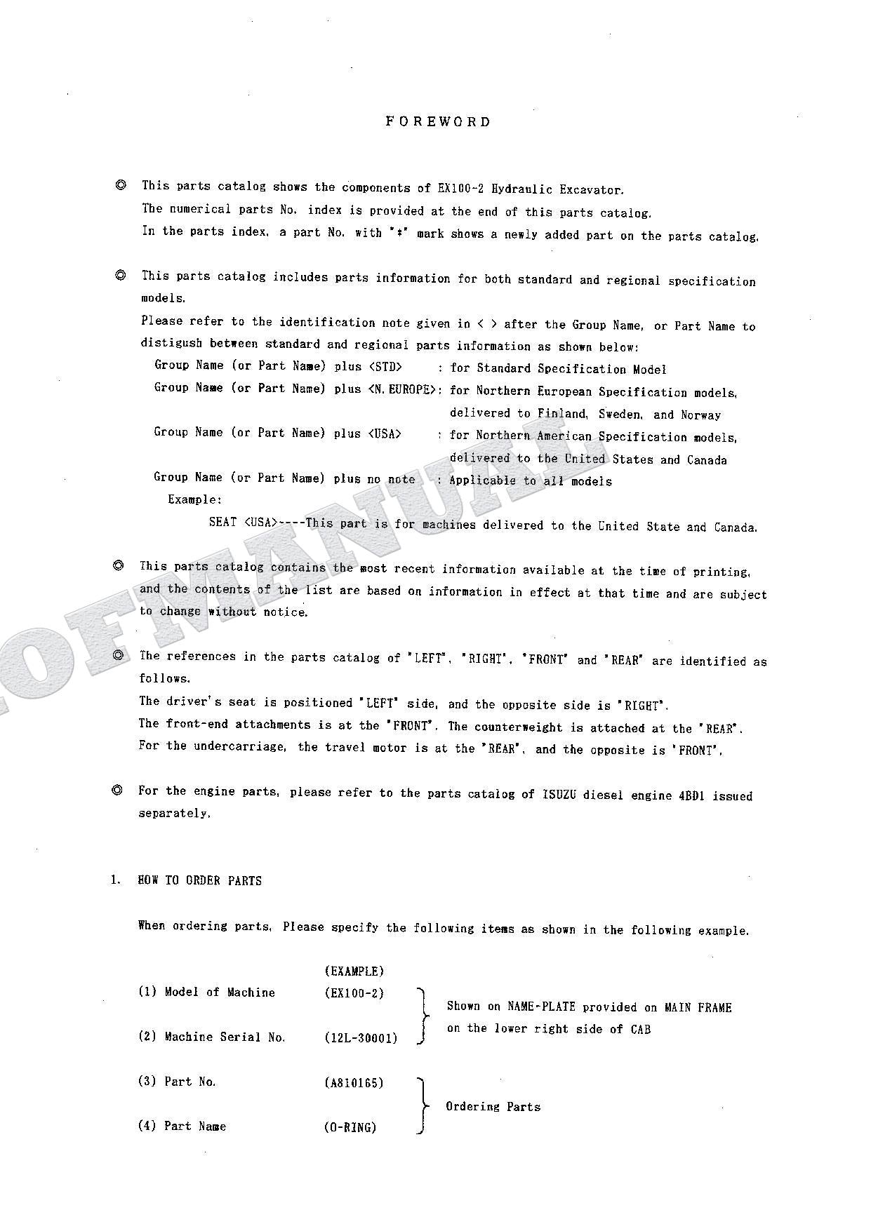 HITACHI EX100-2 Excavator Parts Catalog Manual SN 30001-