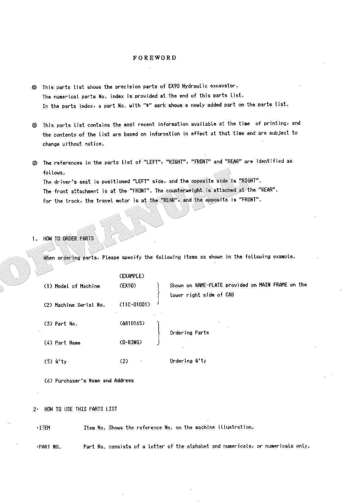 HITACHI EX90 Equipment Component Excavator Parts Catalog Manual