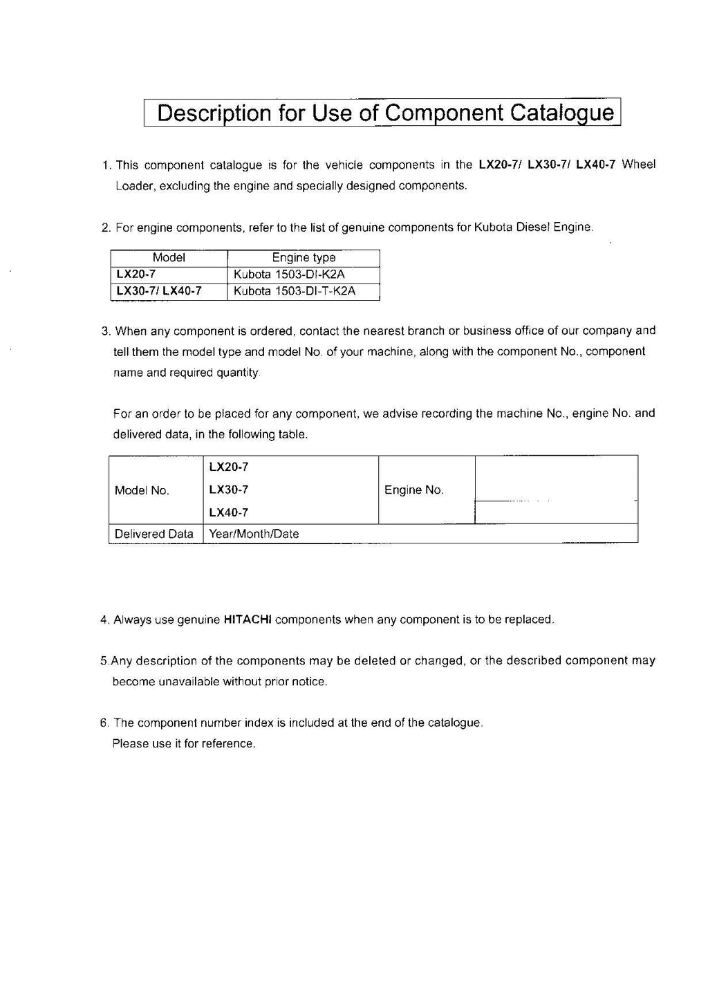 Hitachi LX20-7 LX30-7 LX40-7 Wheel Loader Parts Catalog Manual SN 001001-up