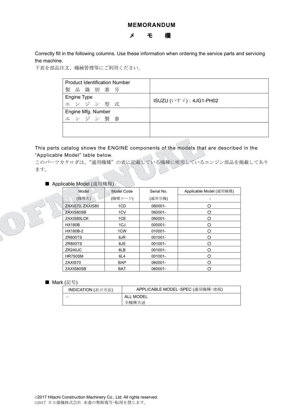 HITACHI ZX70 Series HX180B HX180B-2 HR750SM ISUZU Engine Parts Catalog Manual