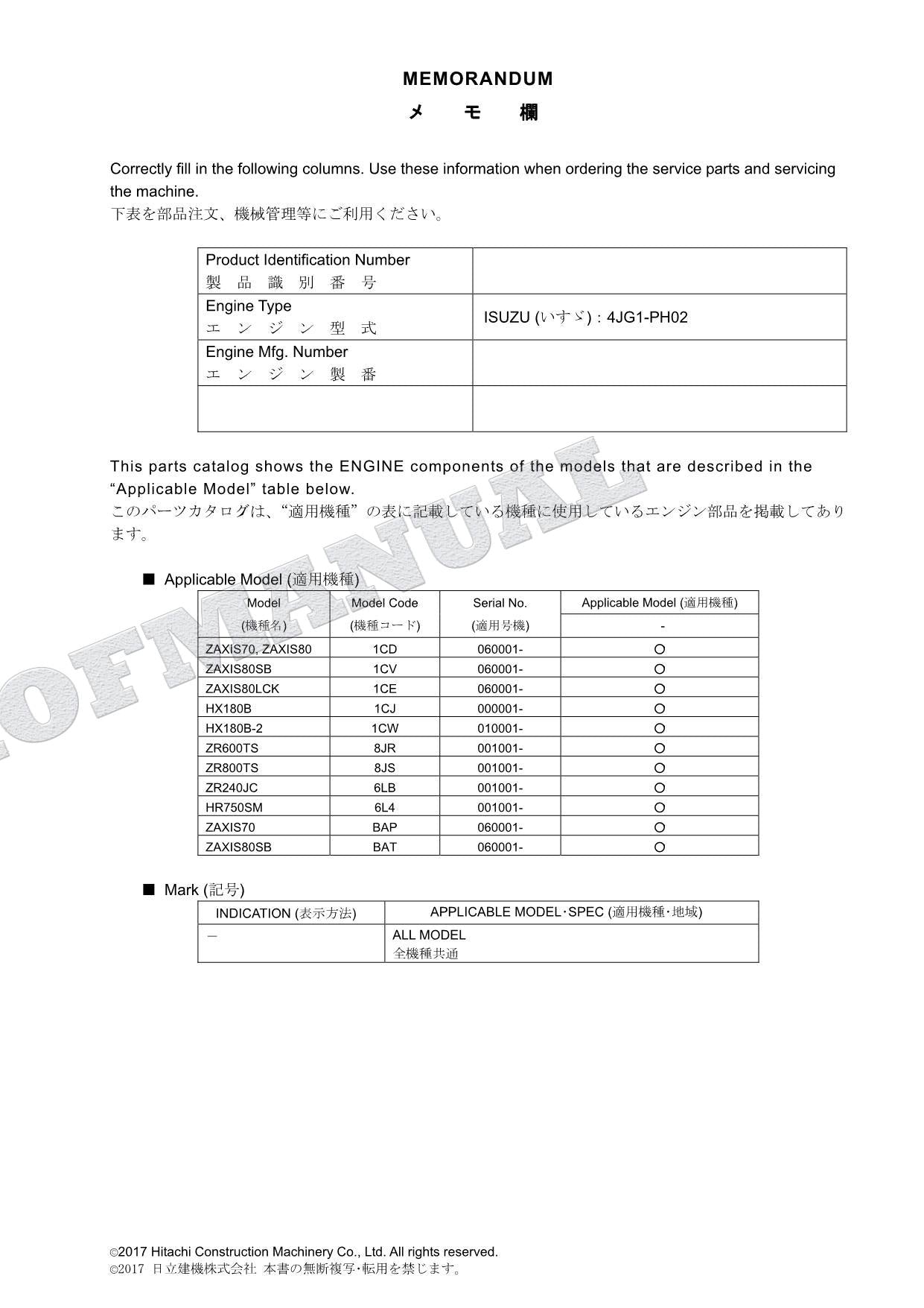 Manual del catálogo de piezas del motor ISUZU HITACHI ZX70 Series HX180B HX180B-2 HR750SM