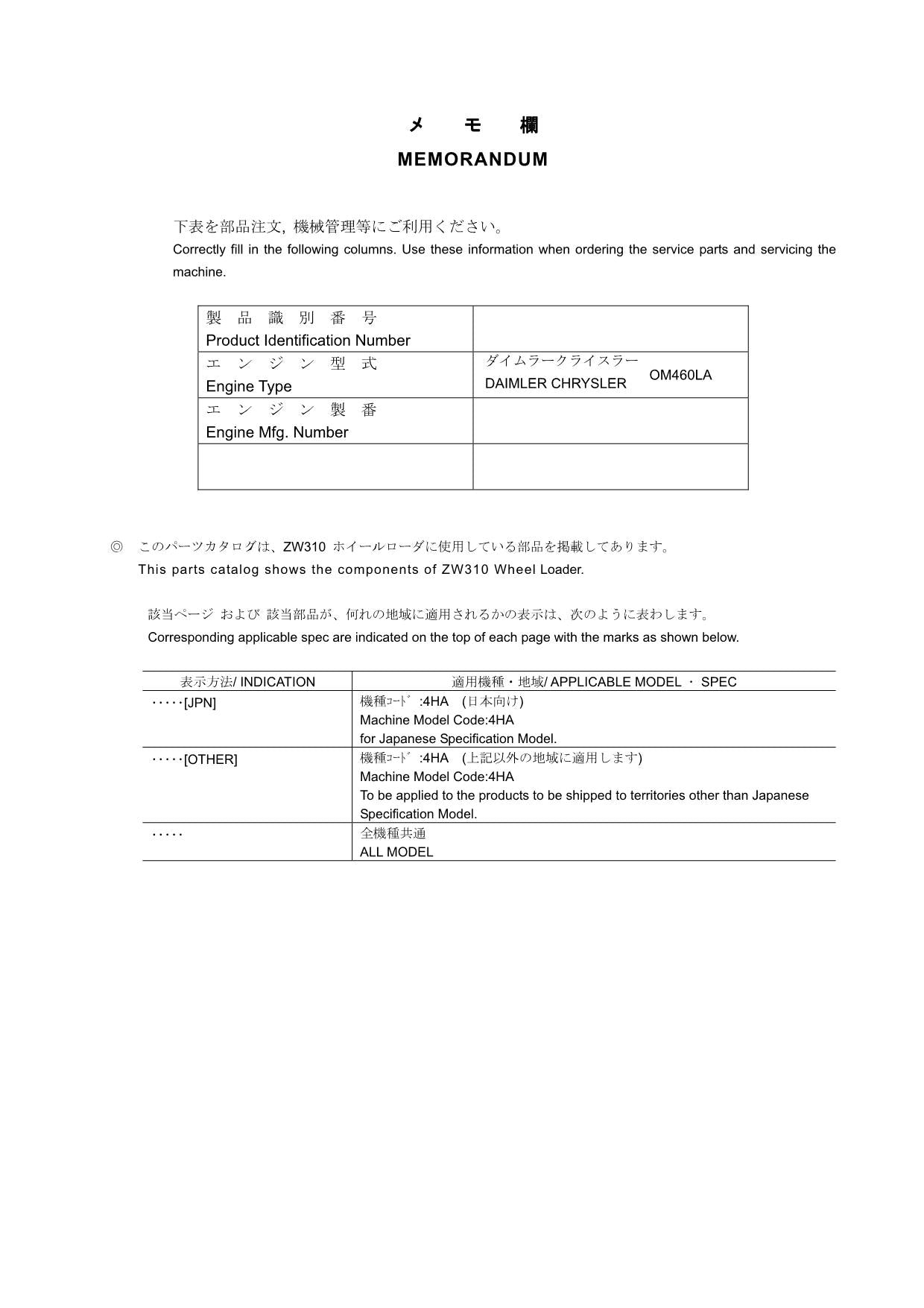Hitachi ZW310 Wheel Loader Parts Catalog Manual SN 4HF 000101-up 4HA 005101-up