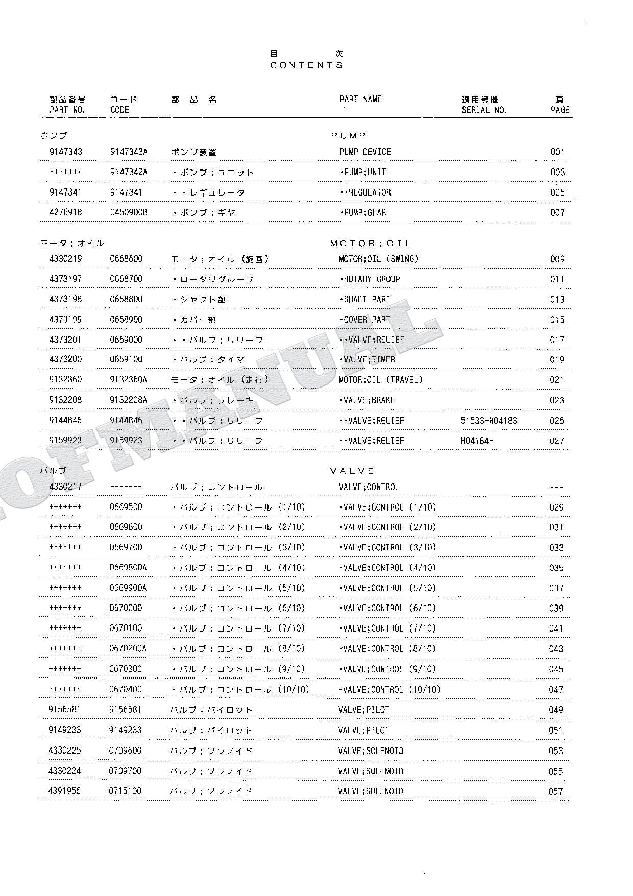 HITACHI EX120-5X Equipment Component Excavator Parts Catalog Manual