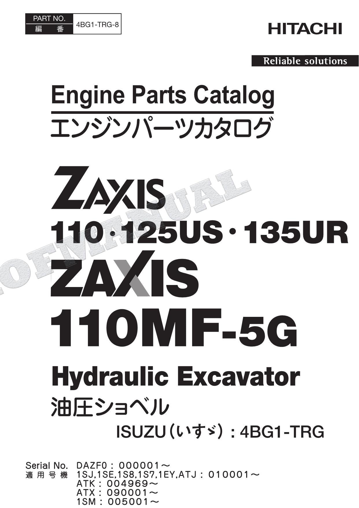 HITACHI ZX110 ZX125US ZX135UR ZX110MF-5G Ser ISUZU Engine Parts Catalog Manual