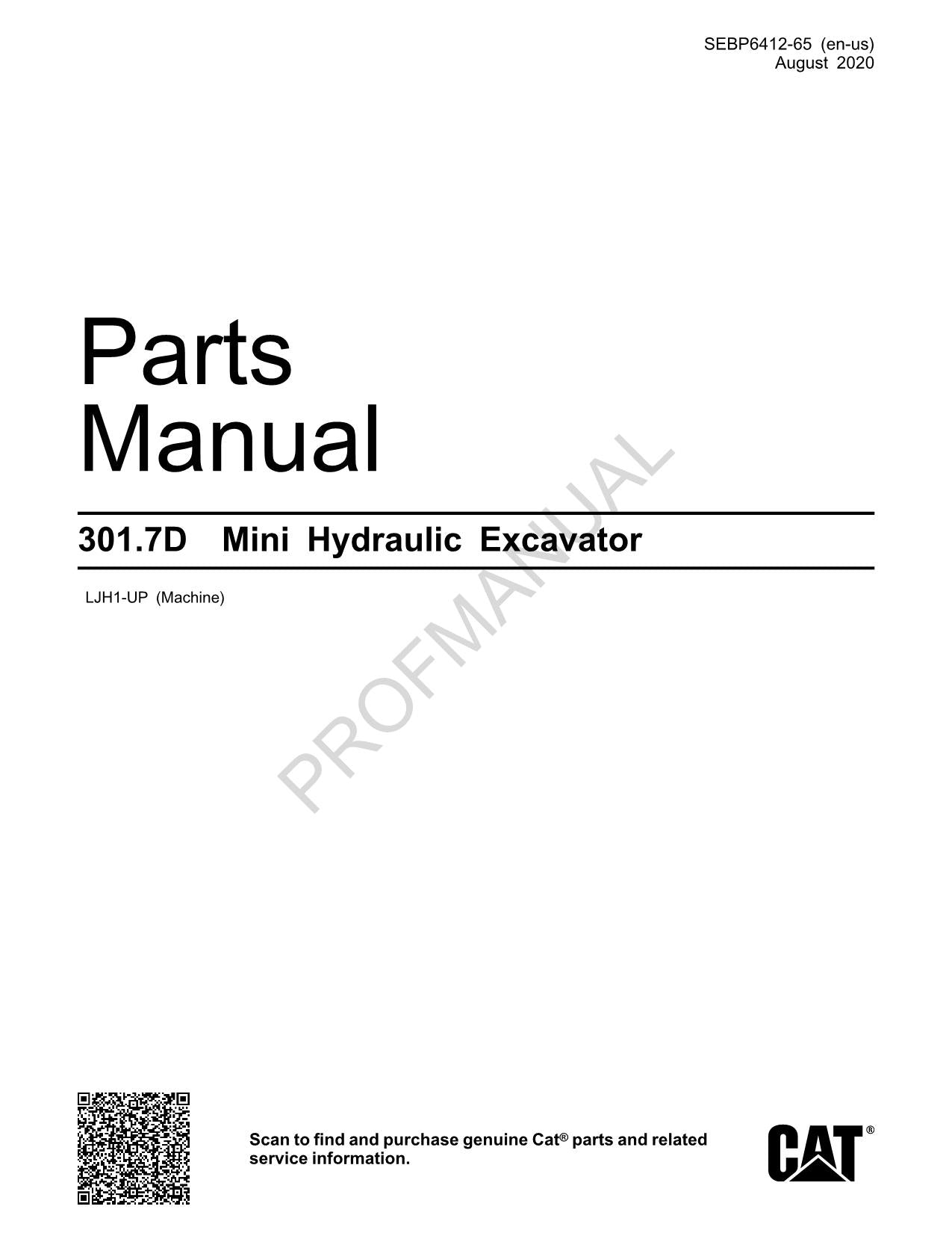 Caterpillar Cat 301.7D Mini Hydraulic Excavator Parts Catalog Manual ser LJH1-Up