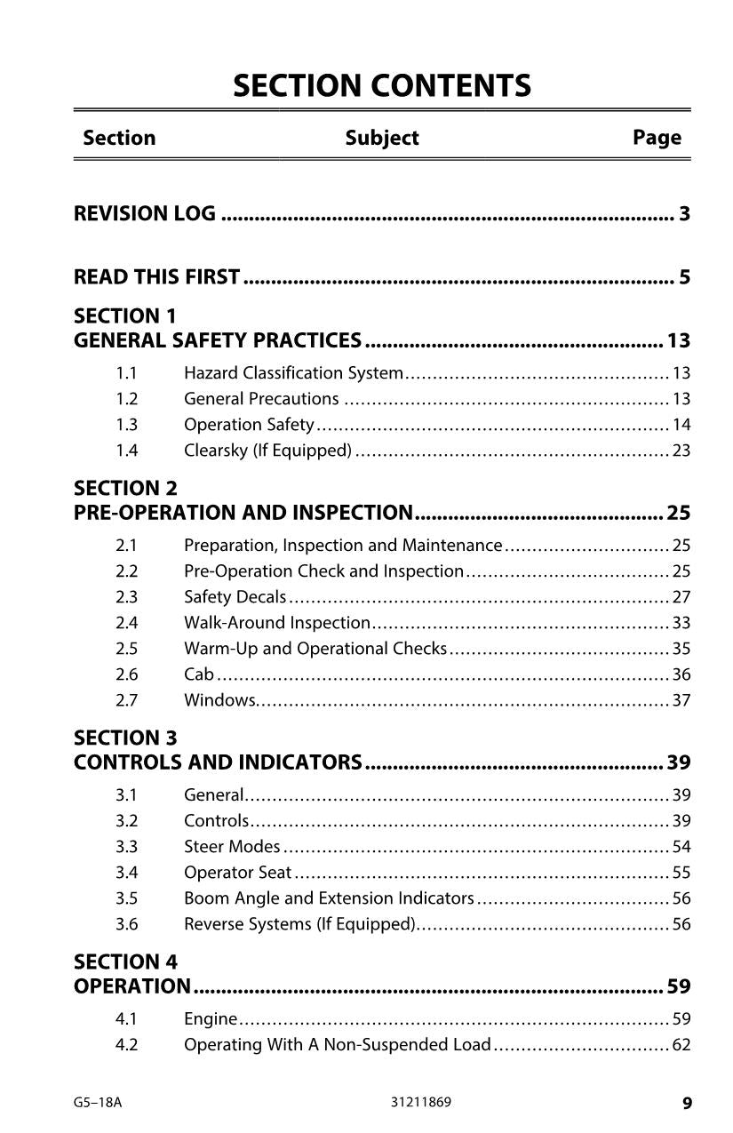 Manual del operador de mantenimiento y operación del manipulador telescópico JLG G5-18A 31211869