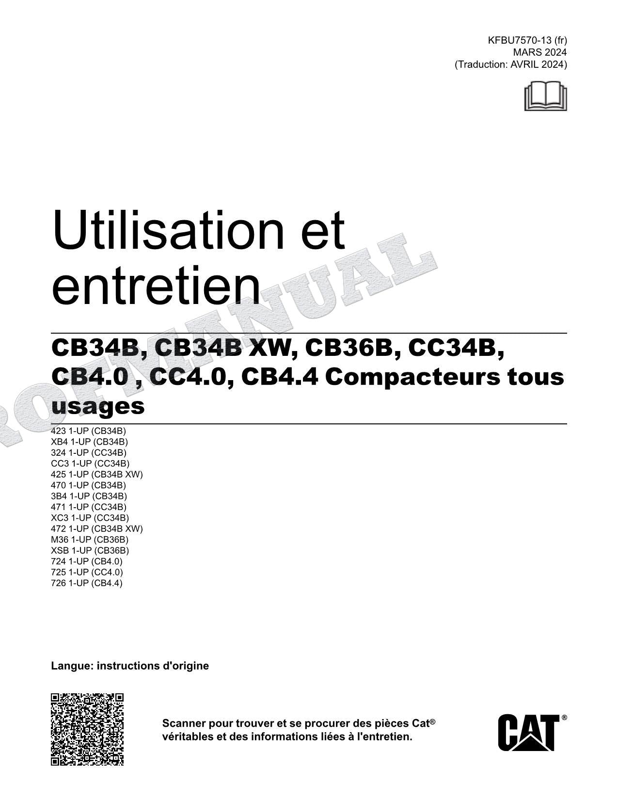 Caterpillar CB34B CB34B XW CB36B CC34B Compacteur Manuel D'Opération