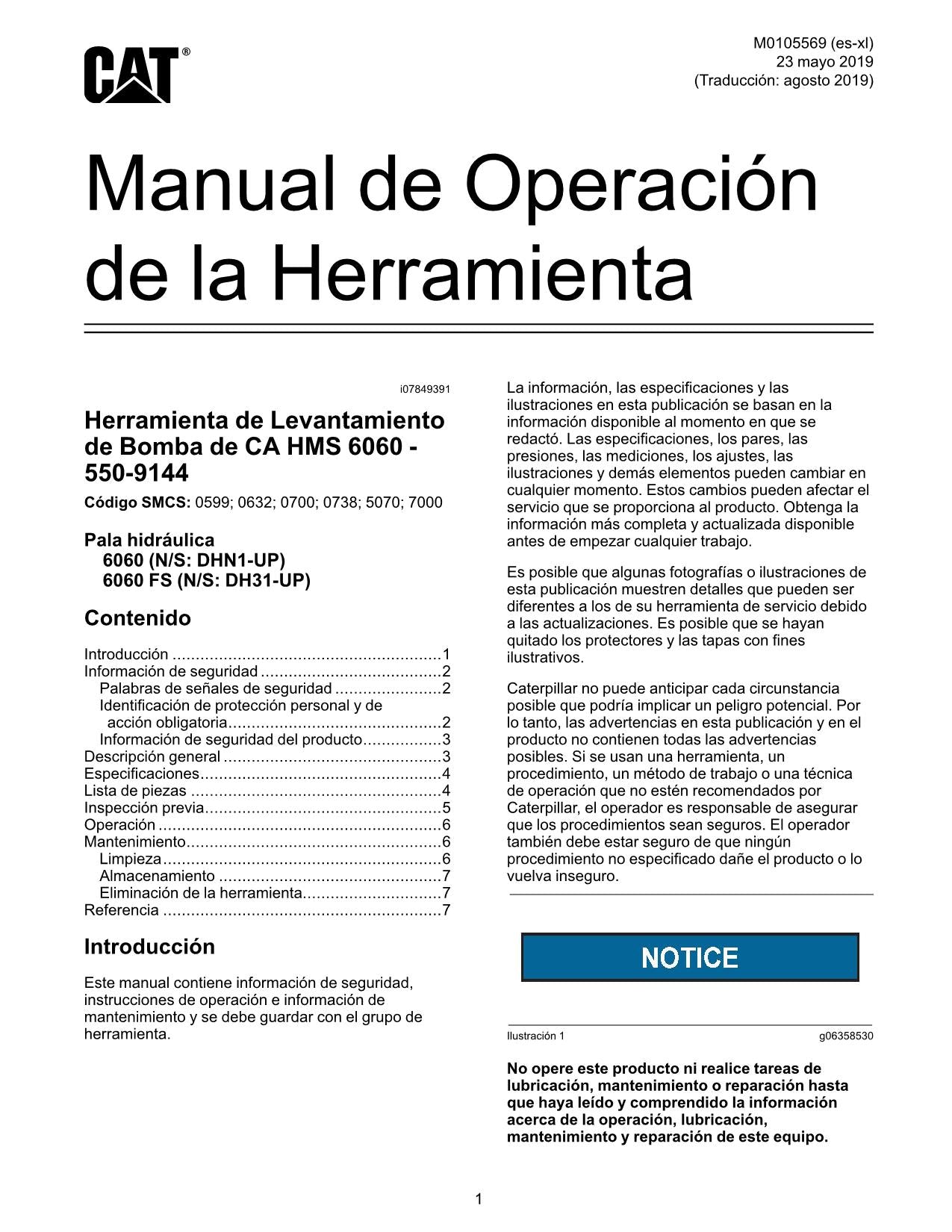 Caterpillar Levantamiento de Bomba de CA HMS 6060 550 9144 Manual de Operación