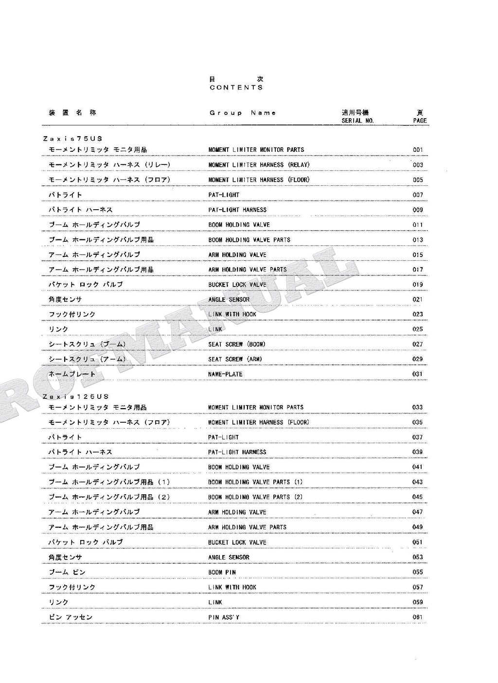Manual del catálogo de piezas de la excavadora grúa HITACHI ZX75US 125US 135US 225US 225USR ML