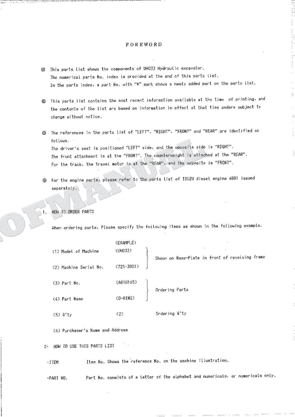 HITACHI UH033 Excavator Parts Catalog Manual SN 3001-