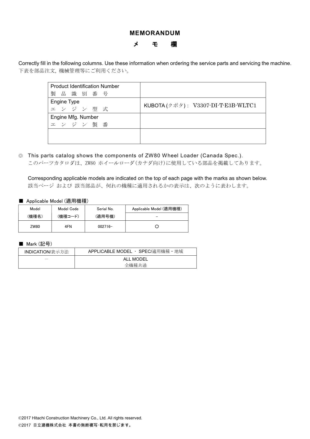 Hitachi ZW80 CANADA Spec Wheel Loader Parts Catalog Manual SN 002716-up