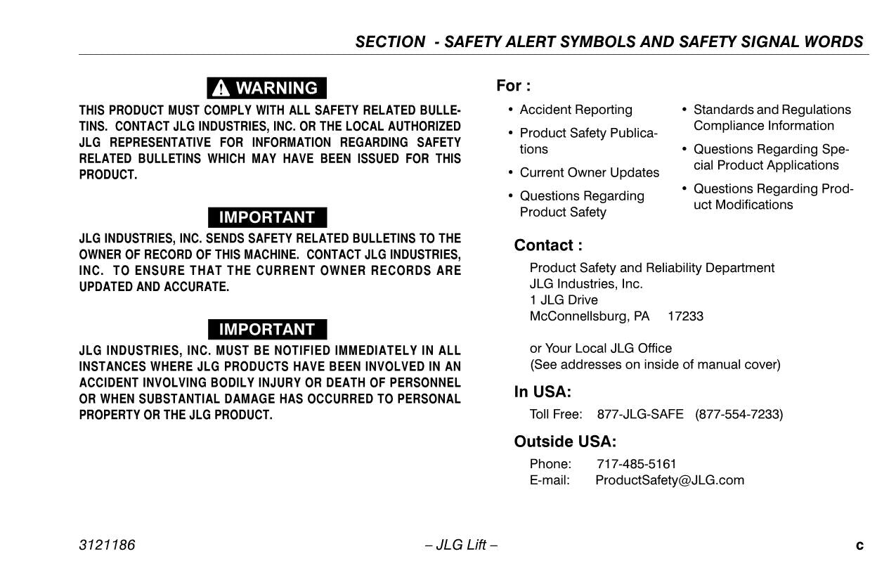 JLG SSV-10 Vertical Mast Maintenance Operation Operators Manual