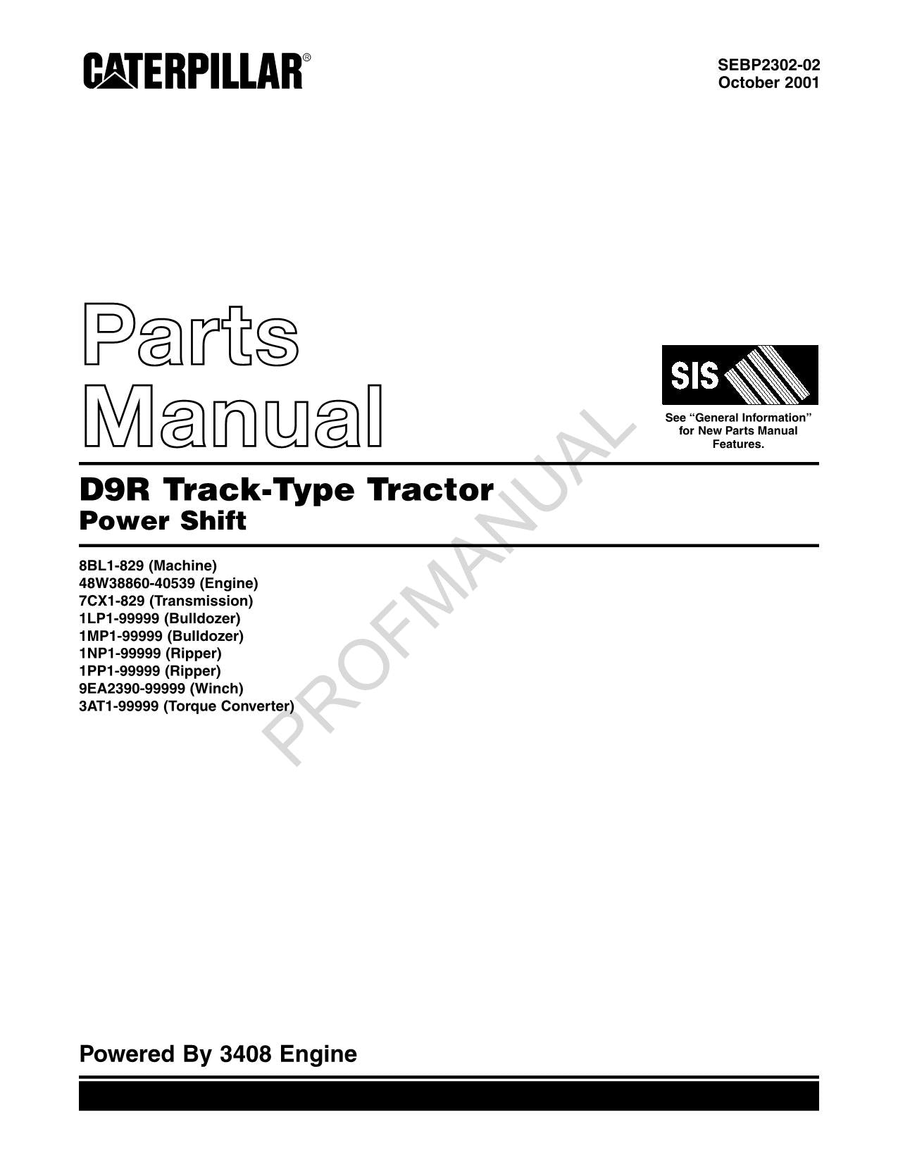 Caterpillar Cat D9R Track Type Tractor Power Shift Parts Catalog Manual SEBP2302