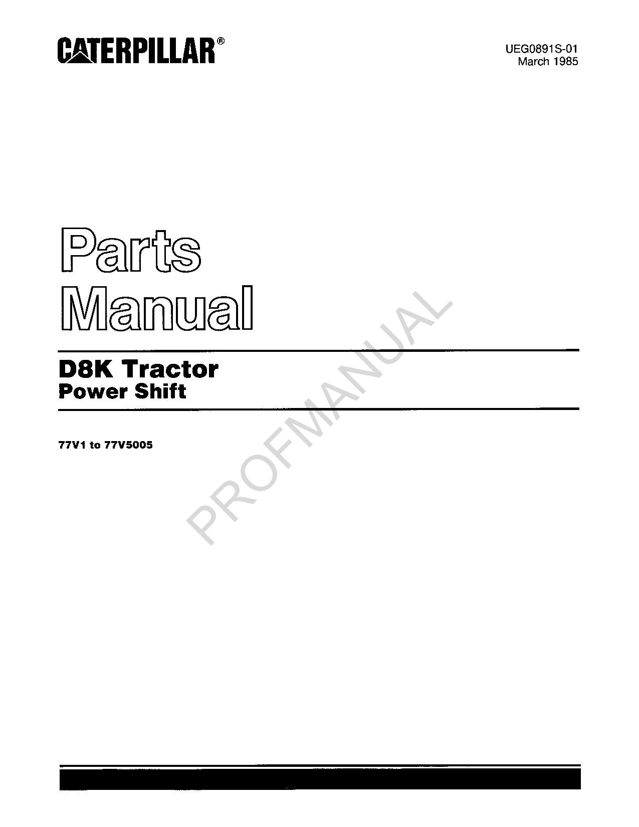 Caterpillar Cat D8K Tractor Parts Catalog Manual ser 77V1To77V5005