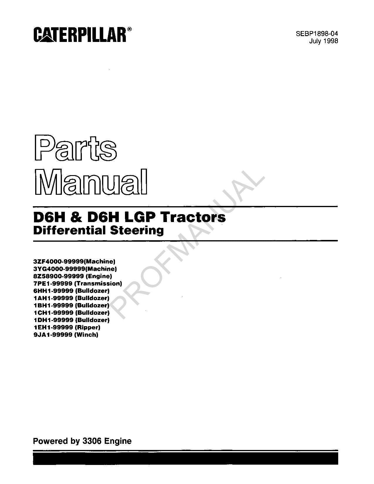 Caterpillar Cat D6H D6H LPG Tractor Parts Catalog Manual SEBP1898