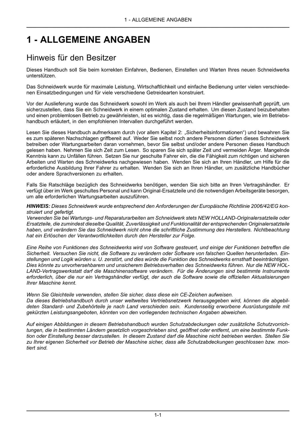 New Holland 450BFI 450SFI 600BFI 600SFI Schneidwerk Betriebsanleitung Ab 127522