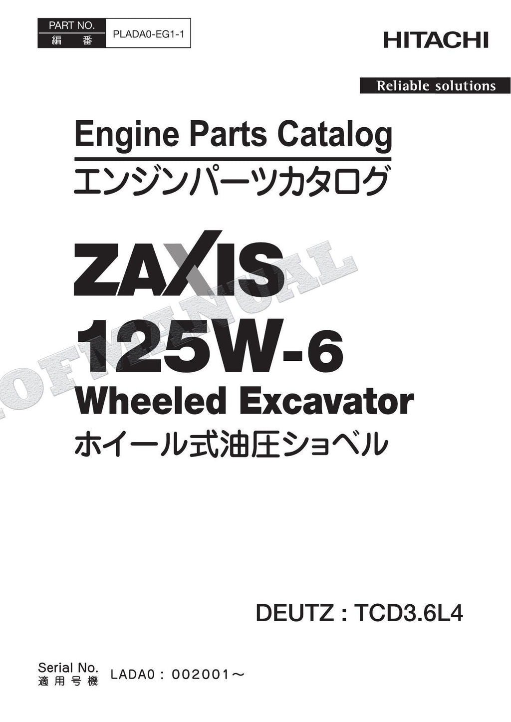 Manual del catálogo de piezas del motor HITACHI ZAXIS ZX125W-6 DEUTZ TCD3.6L4
