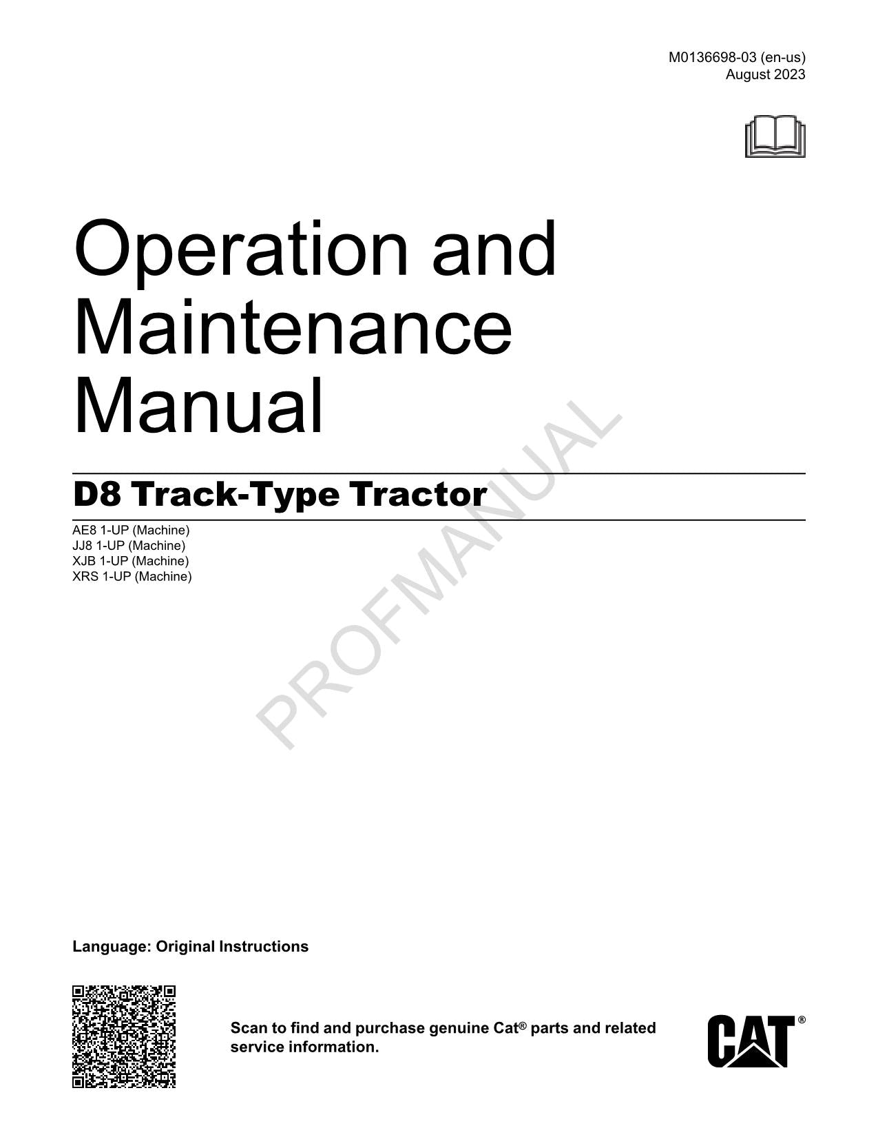 Manual de mantenimiento del operador del TRACTOR DE CADENAS Caterpillar D8 M0136698ES-ES