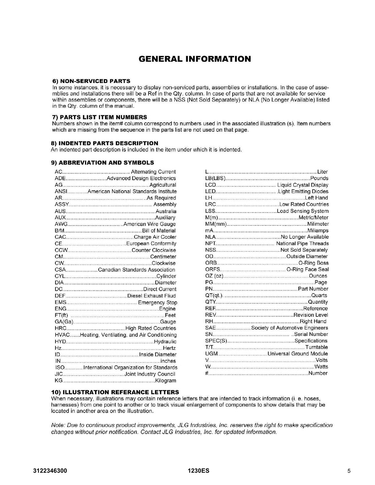 JLG 1230ES Vertical Mast Parts Catalog Manual 3122346300