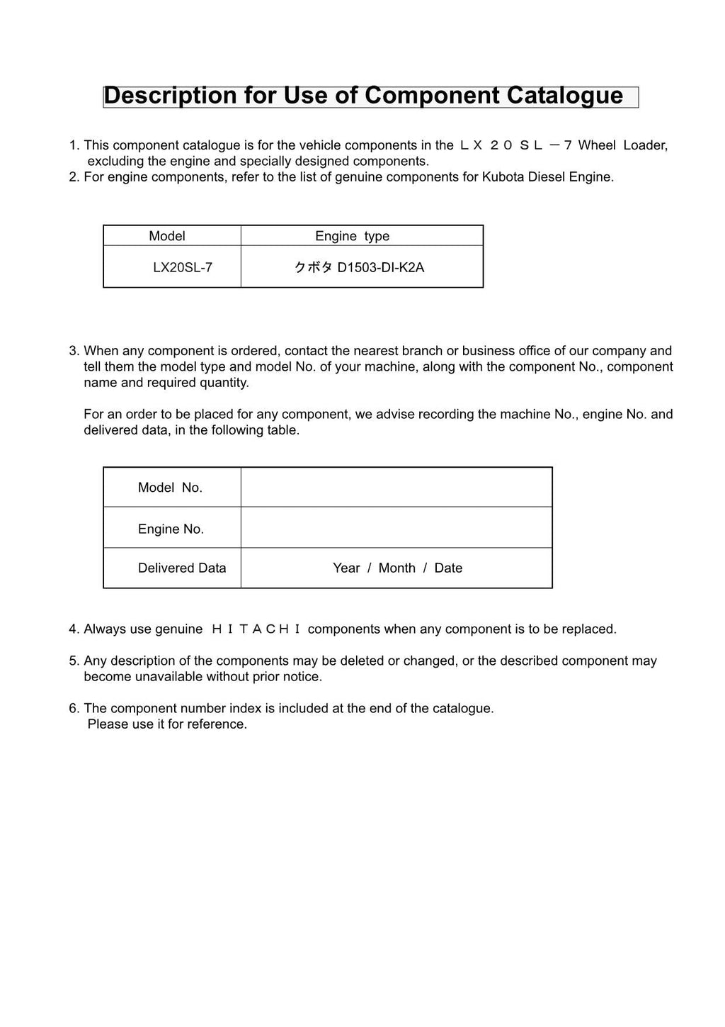 Hitachi LX20SL-7 Wheel Loader Parts Catalog Manual SN 009001-up