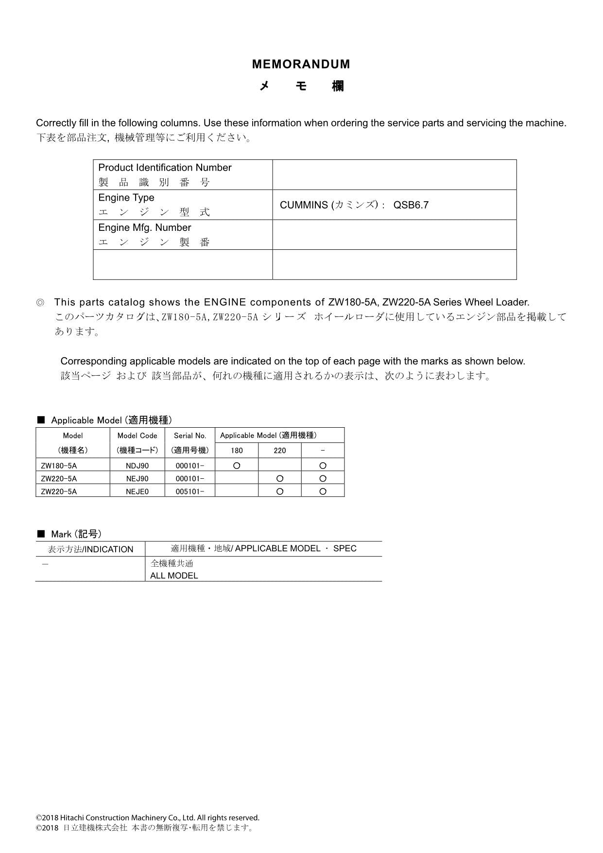 Hitachi ZW180-5A ZW220-5A CUMMINS QSB6.7 Eng Wheel Loader Parts Catalog Manual