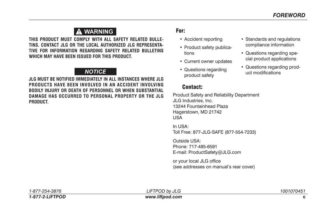 JLG FS60 FS80 Vertical Mast Operation Parts Catalog Service Manual