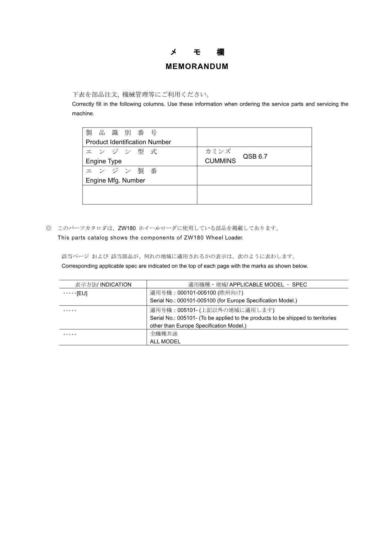 Hitachi ZW180 Wheel Loader Parts Catalog Manual SN 005101-up 000101-005100 EU